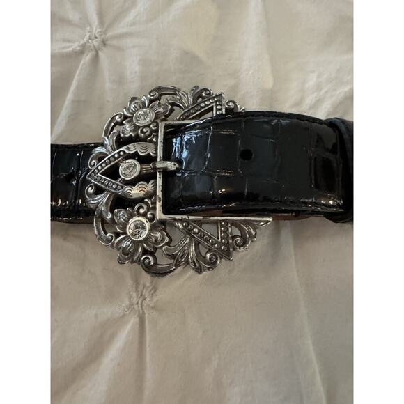 Vintage Brighton Leather Belt Charms Embellished Black Silvertone Links 90s - Picture 2 of 9